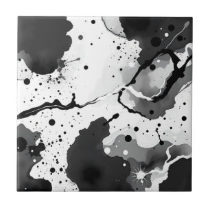 Black and White Fluid Ink Patterns with Splatters Ceramic Tile