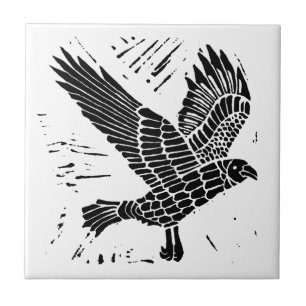 Black and White Flying Raven Lino Cut Ceramic Tile