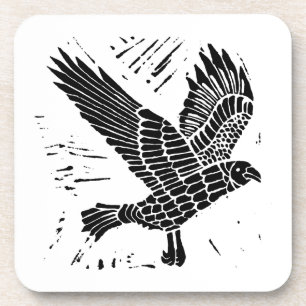 Black and White Flying Raven Lino Cut Coaster