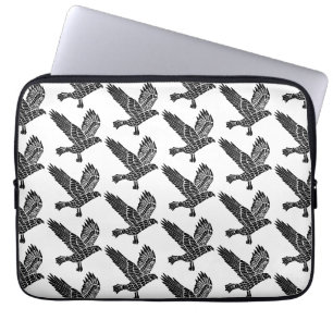 Black and White Flying Raven Lino Cut Laptop Sleeve
