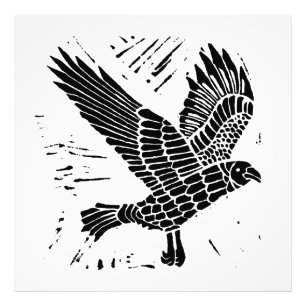 Black and White Flying Raven Lino Cut Photo Print