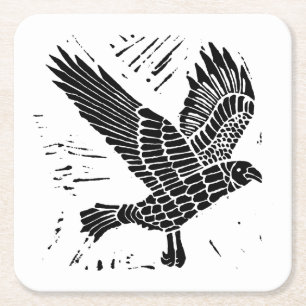 Black and White Flying Raven Lino Cut Square Paper Coaster