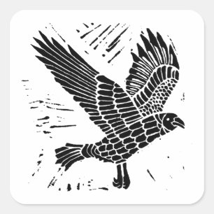 Black and White Flying Raven Lino Cut Square Sticker