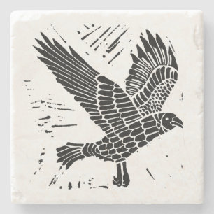 Black and White Flying Raven Lino Cut Stone Coaster