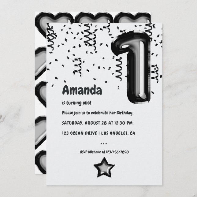 Black and White Foil Balloon 1st Birthday Invitation (Front/Back)