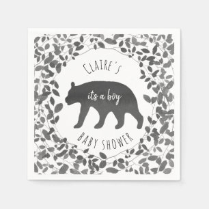 Black and White Foliage Bear Cub Baby Shower Napkin
