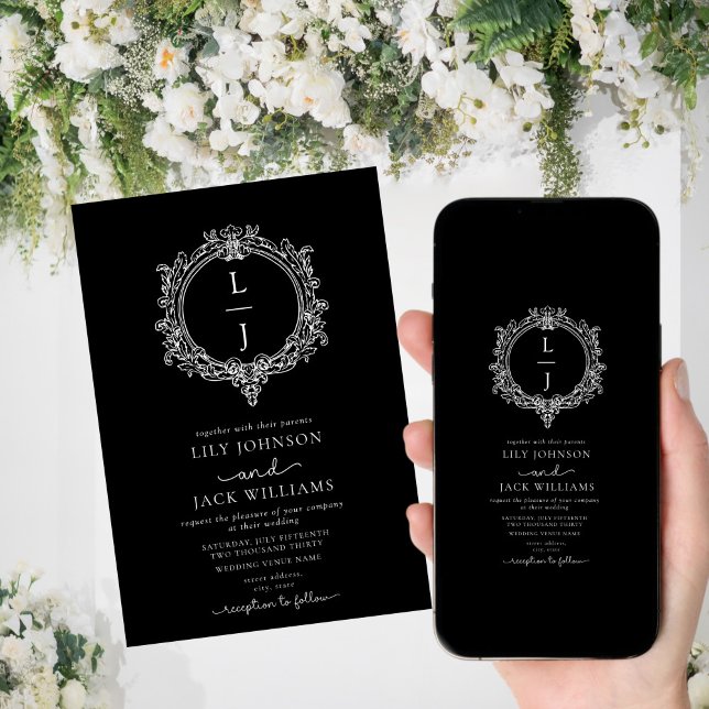 black and white foliage Crest wedding invitation (Creator Uploaded)