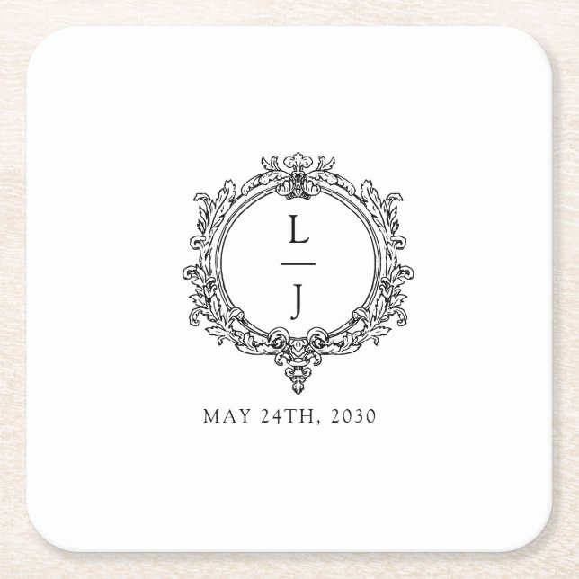 black and white foliage Crest wedding Square Paper Coaster (Front)