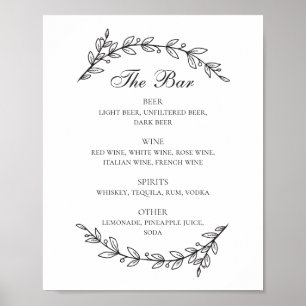 Black and white foliage wedding alcohol drinks bar poster