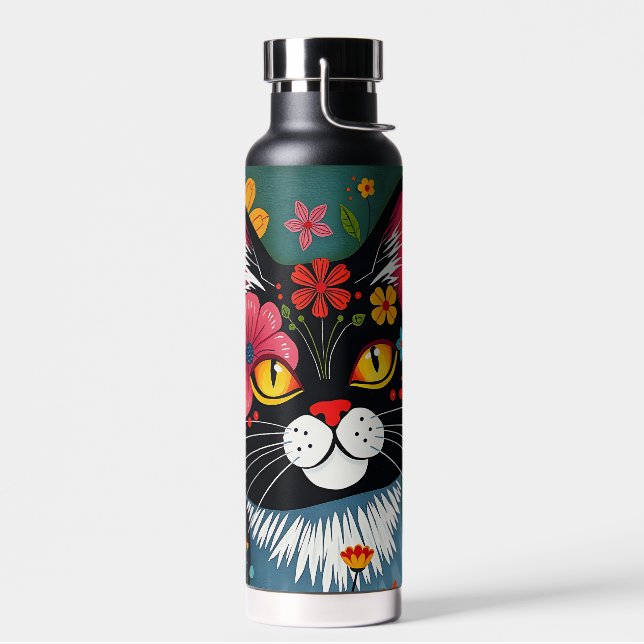 Black and White Folk Art Cat and Flowers Whimsical Water Bottle (Left)