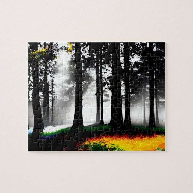 Black and White Forest with Rainbow Enchantment Jigsaw Puzzle (Horizontal)