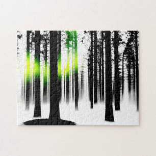 Black and White Forest with Unique Green Glow Jigsaw Puzzle