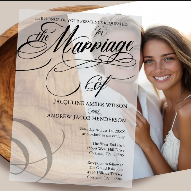 Black and White Formal Elegant Script Typography Vellum Invitations (Formal Elegant Script Typography Vellum Overlay For Photo Wedding Invitation)