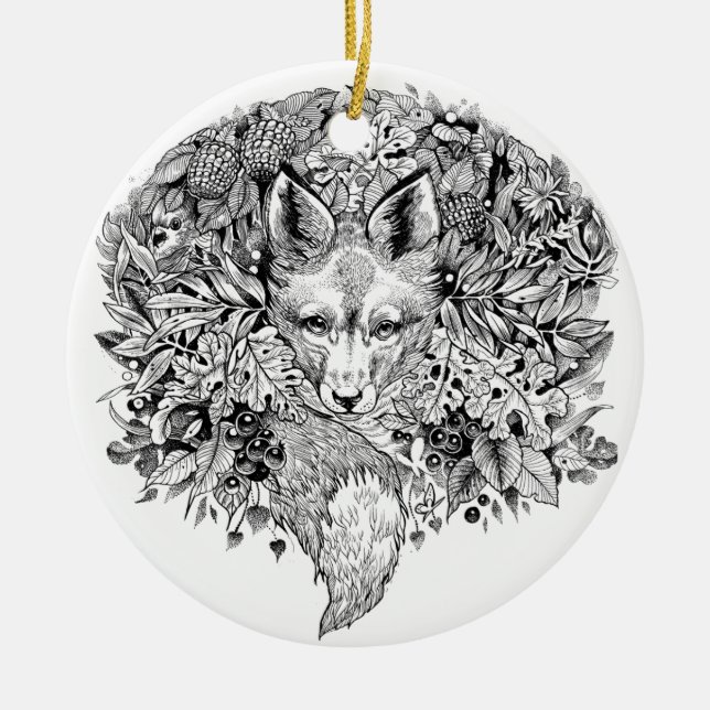 Black and white fox in the forest ceramic tree decoration (Front)
