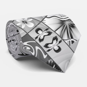 Black and White Fractal Flowers Floral Pattern Tie