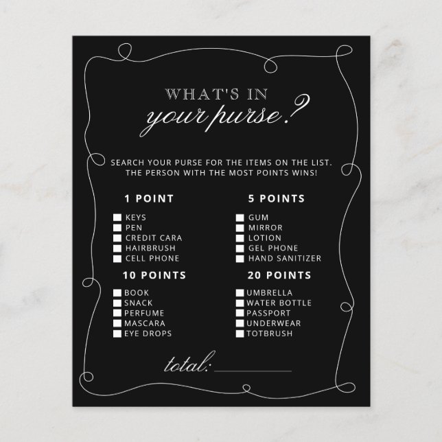 Black and White Frame What's in Your Purse Game (Front)