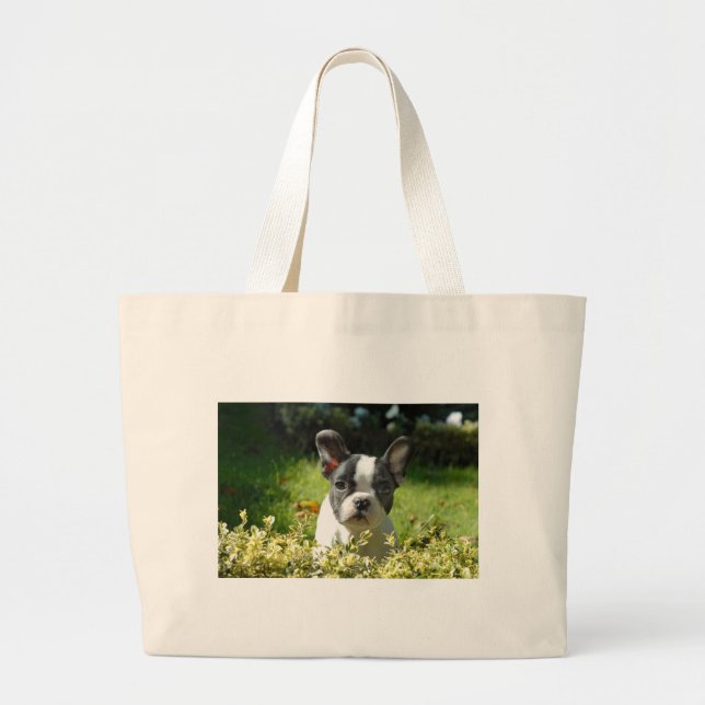 Black and White French Bull Dog Puppy Large Tote Bag (Front)