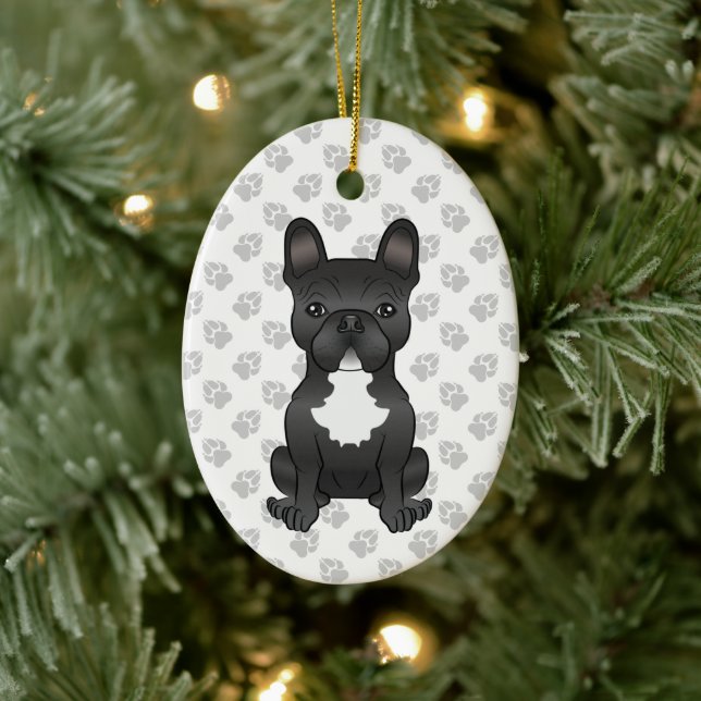 Black And White French Bulldog Cartoon Dog & Text Ceramic Ornament (Tree)