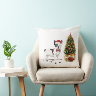 Black and White French Bulldog Christmas Dog  Cushion