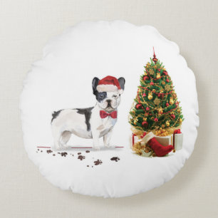 Black and White French Bulldog Christmas Dog  Round Cushion