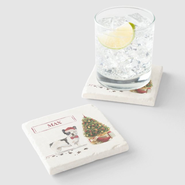 Black and White French Bulldog Christmas Dog  Stone Coaster (Side)