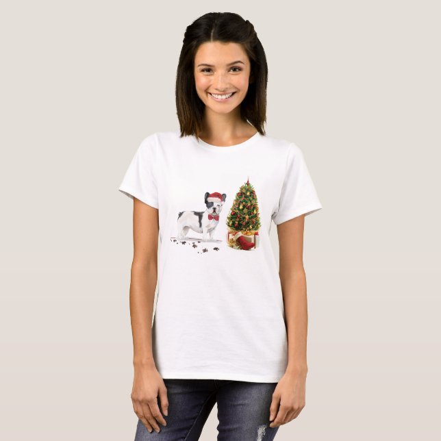 Black and White French Bulldog Christmas Dog  T-Shirt (Front Full)