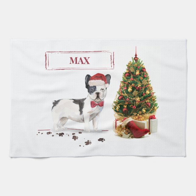 Black and White French Bulldog Christmas Dog  Tea Towel (Horizontal)