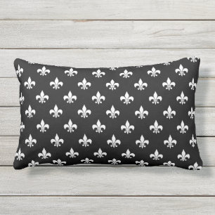 Black and White French Fleur de Lis Outdoor Lumbar Cushion