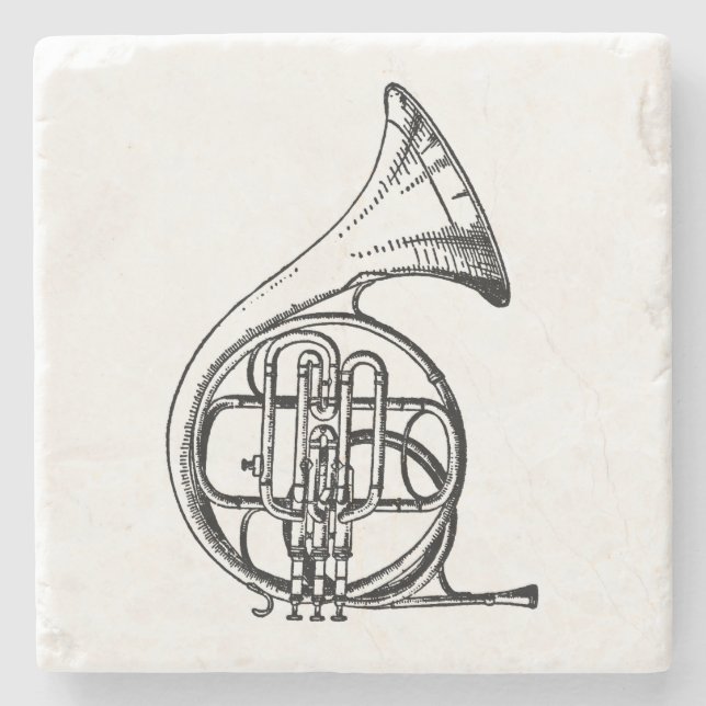 Black and White French Horn Musical Instrument Stone Coaster (Front)