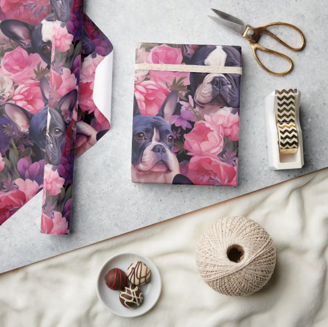 Black and White Frenchie Floral Wrapping Paper (Crafts)