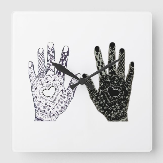 Black and White Friendship Hands Square Wall Clock (Front)