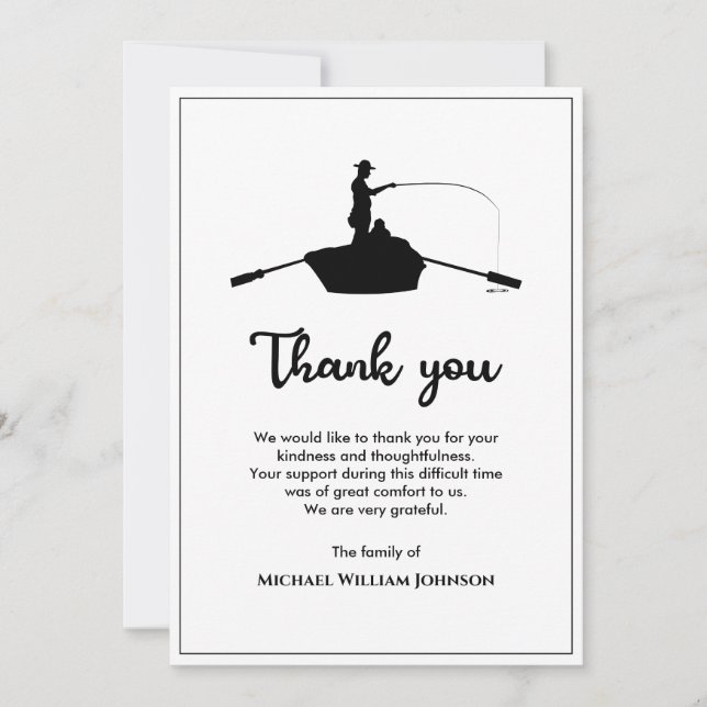 Black And White Funeral Memorial Forever Fishing Thank You Card (Front)