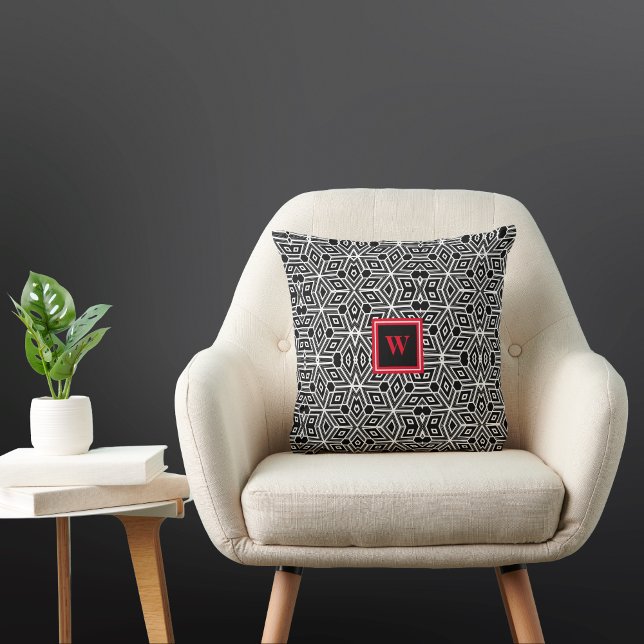 Black and White Funky Cubism Neo Geo Red Monogram Cushion (Creator Uploaded)