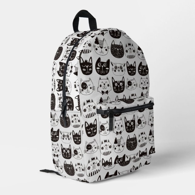Black and White Funny Cat Faces Pattern Printed Backpack (Back Corner Left)