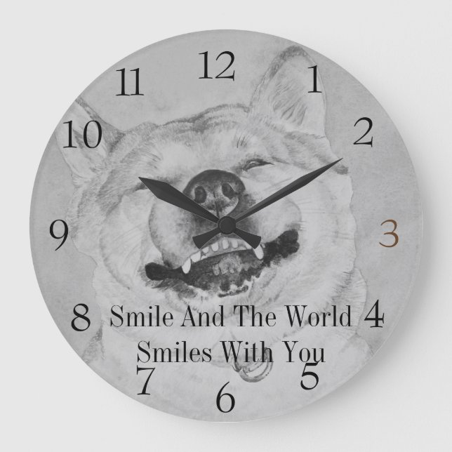 black  and white funny piture of akita smiling dog large clock (Front)