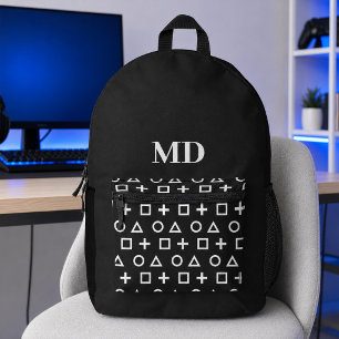Black and White Gamer Pattern Custom Initials Printed Backpack