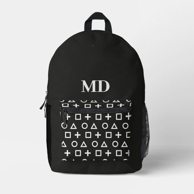 Black and White Gamer Pattern Monogram Printed Backpack (Front)