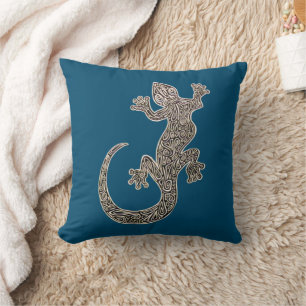 Black and White Gecko Drawing on Ocean Blue Cushion