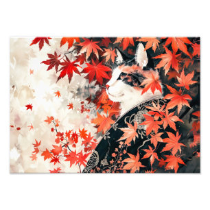 Black and White Geisha Cat Under Red Maple Leaves Photo Print