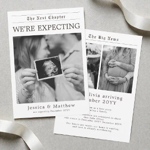 Black and White Gender Neutral Newspaper Pregnancy Announcement