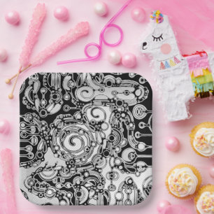Black And White Geometric Art 3 Paper Plate