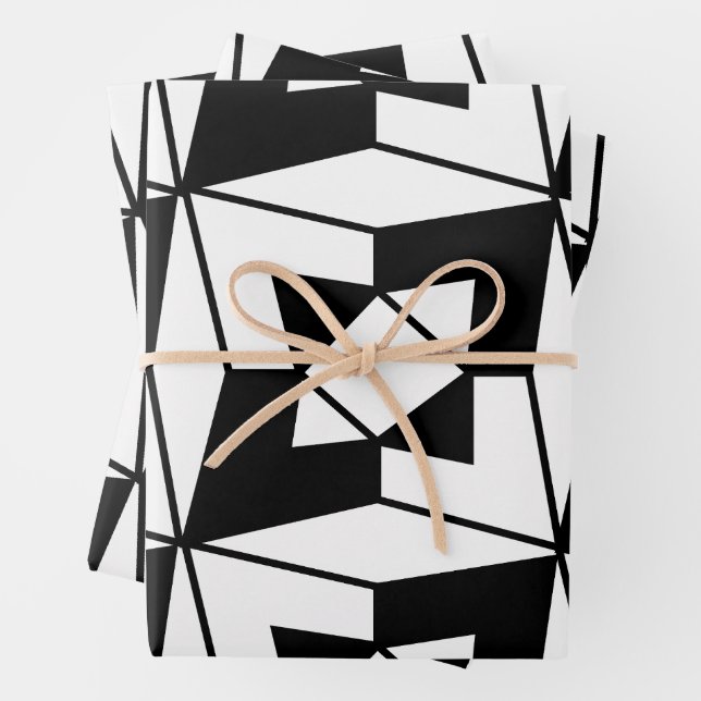 Black and White Geometric Art Wrapping Paper Sheet (In situ)