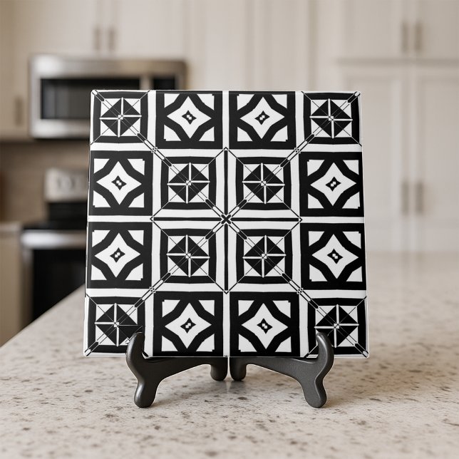 Black and White Geometric Bold Diamond Symmetry Ceramic Tile (Creator Uploaded)