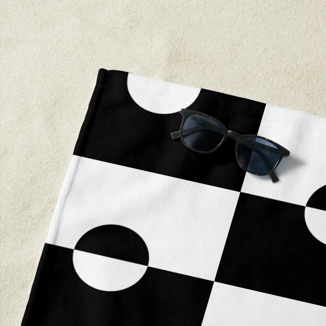 Black and White Geometric Circle Square Pattern Beach Towel (In Situ)