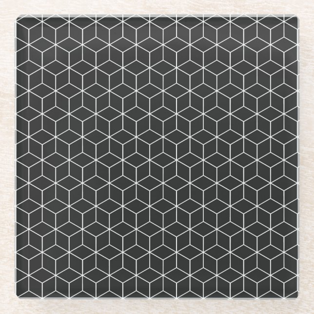  Black and White Geometric Cube Pattern Glass Coaster (Front)