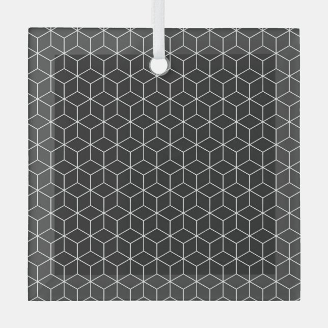  Black and White Geometric Cube Pattern Glass Tree Decoration (Front)