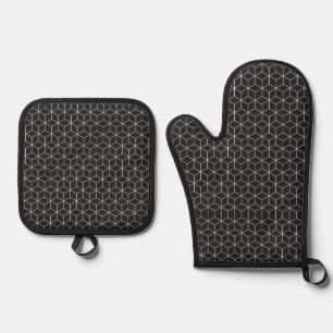 Black and White Geometric Cube Pattern Oven Mitt & Pot Holder Set