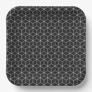 Black and White Geometric Cube Pattern Paper Plate
