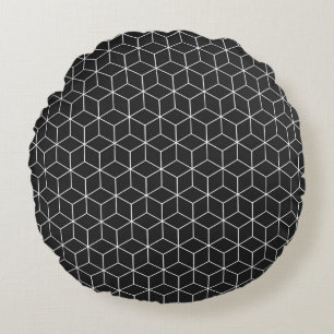 Black and White Geometric Cube Pattern Round Cushion