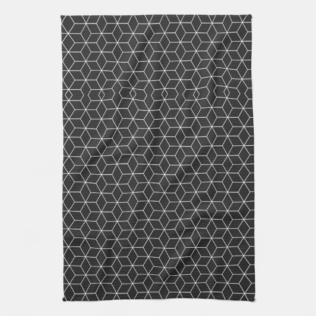  Black and White Geometric Cube Pattern Tea Towel (Vertical)